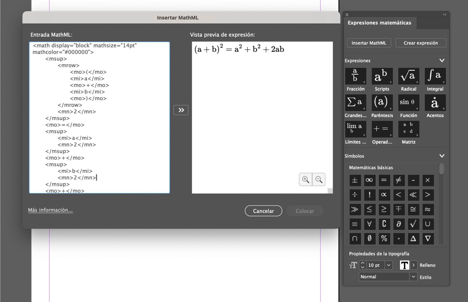 Una captura de pantalla que muestra los paneles Expresiones matemáticas e Insertar MathML con una expresión de muestra y su vista previa.