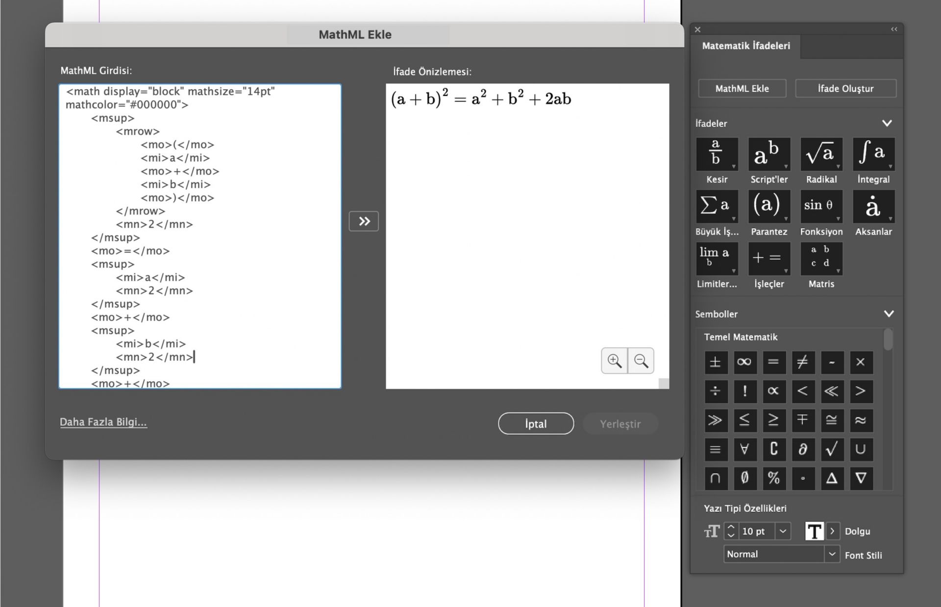 Örnek ifade ve önizlemesiyle birlikte Matematik İfadeleri ve MathML Ekle panellerinin ekran görüntüsü.