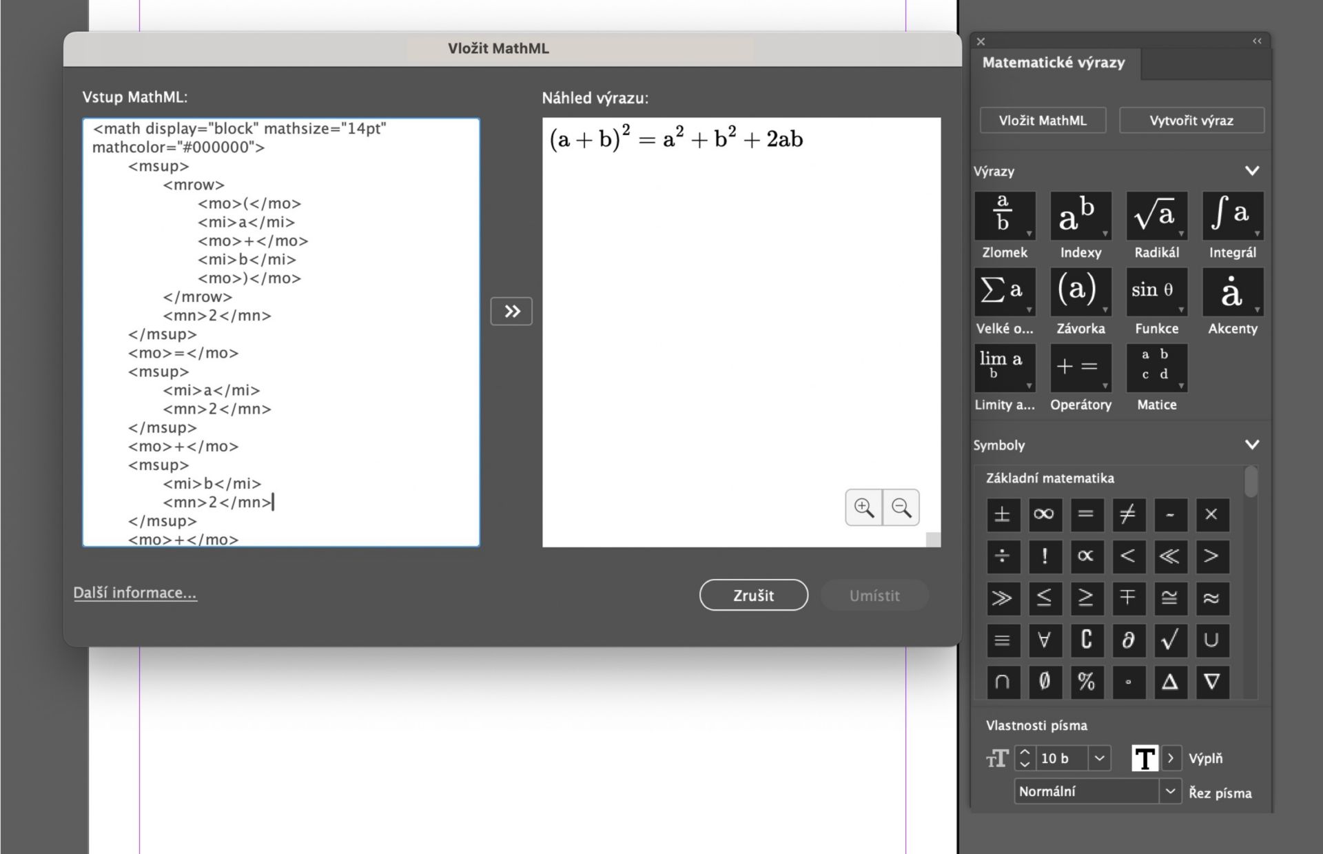 Snímek obrazovky panelů Matematické výrazy a Vložit MathML s ukázkovým výrazem a jeho náhledem.