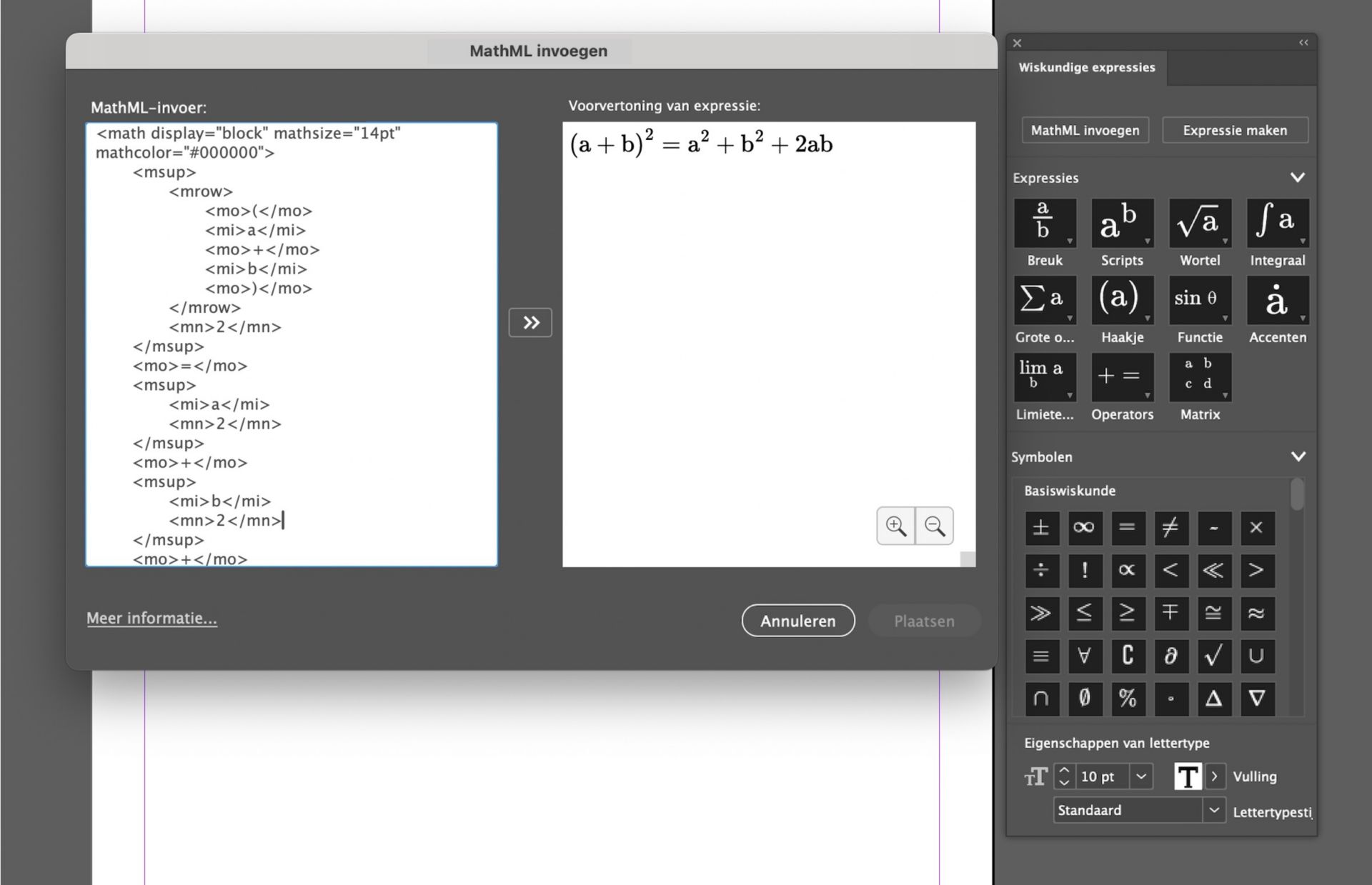 Een screenshot van de deelvensters Wiskundige expressie en MathML invoegen met een voorbeeldexpressie en de voorvertoning ervan.