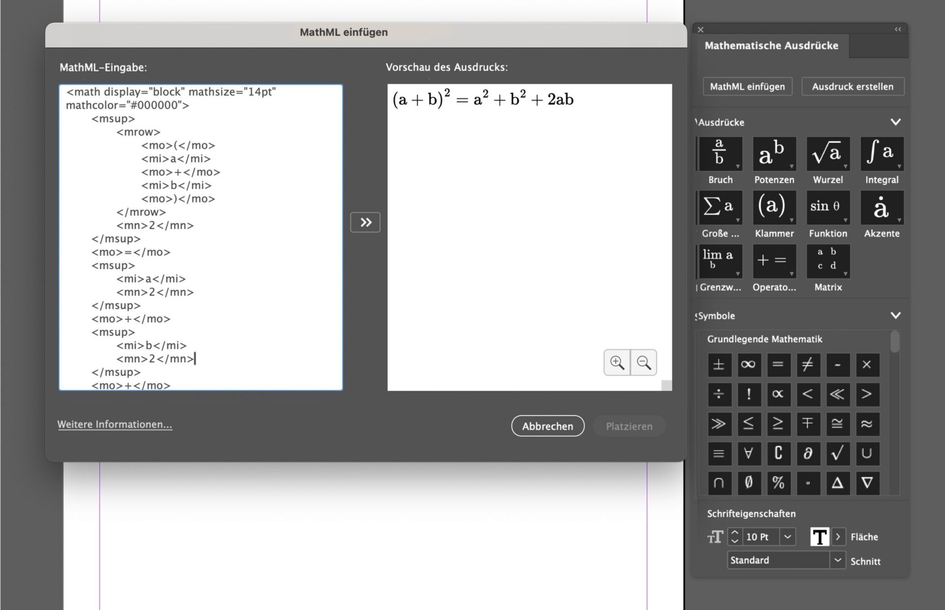 Ein Screenshot der Bereiche „Mathematische Ausdrücke“ und „MathML einfügen“ mit einem Beispielausdruck und der entsprechenden Vorschau.
