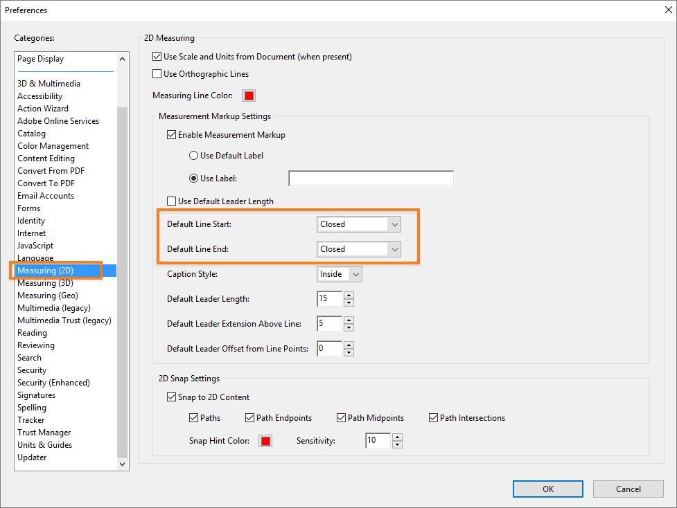 تفضيلات Acrobat لنهاية السطر الافتراضية