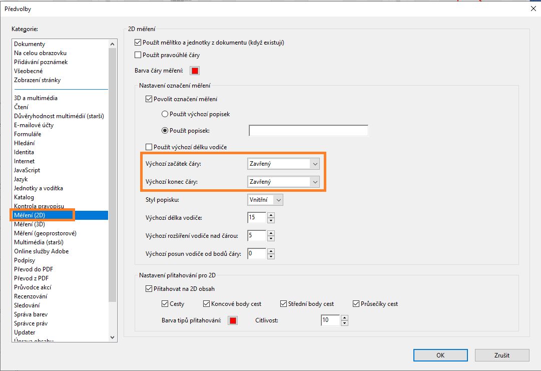 Předvolba aplikace Acrobat pro výchozí konec čáry