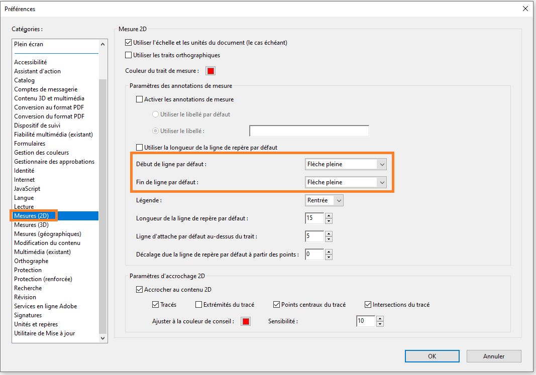 Extrémités de ligne par défaut dans les préférences Acrobat