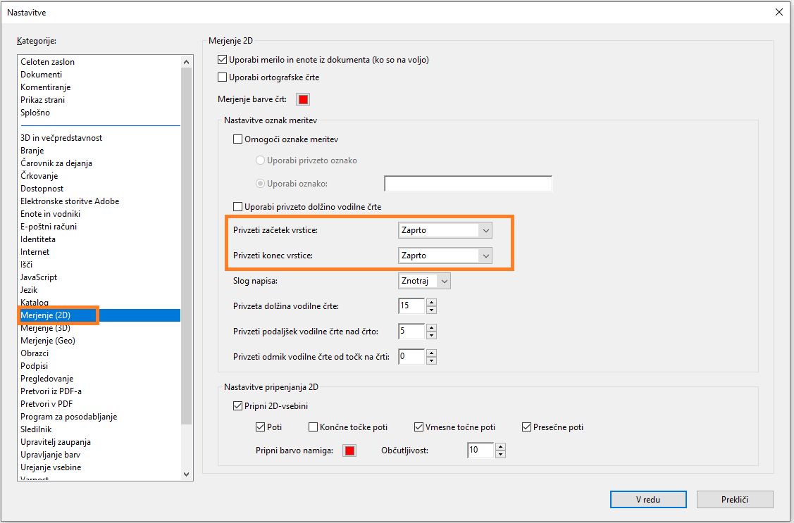 Acrobatove nastavitve za privzeto končno vrstico