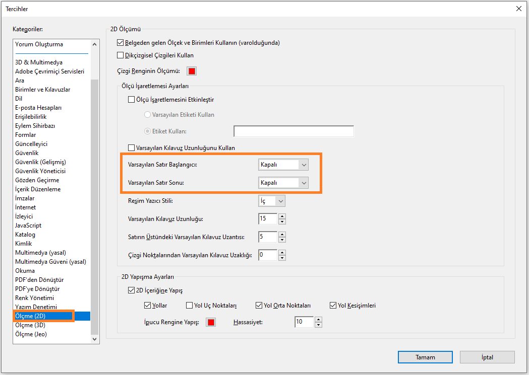 Varsayılan satır bitişine ilişkin Acrobat tercihi