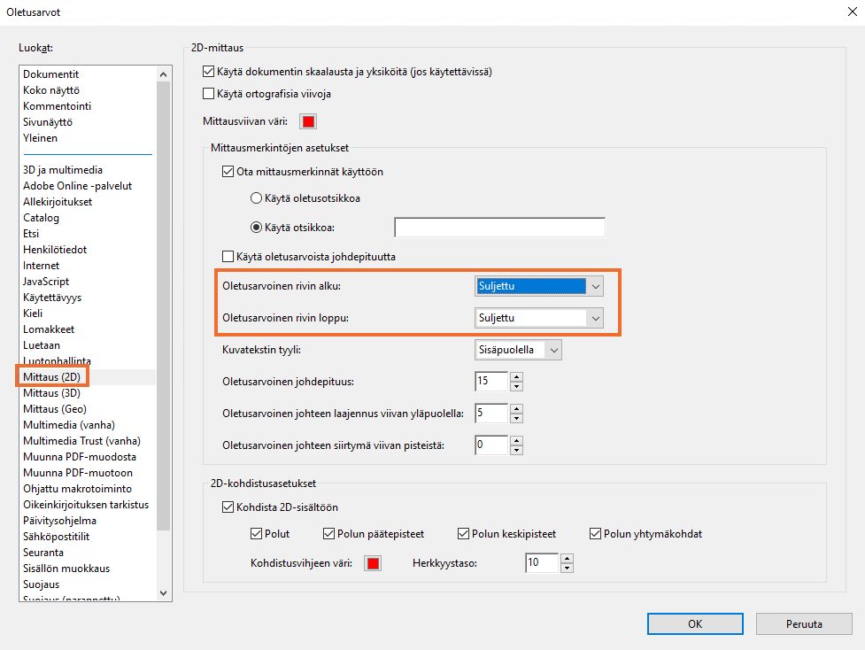 Acrobatin viivan loppua koskeva oletusarvo