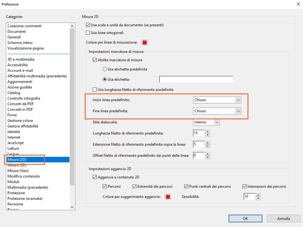 Preferenza di Acrobat per impostare le estremità linea predefinite