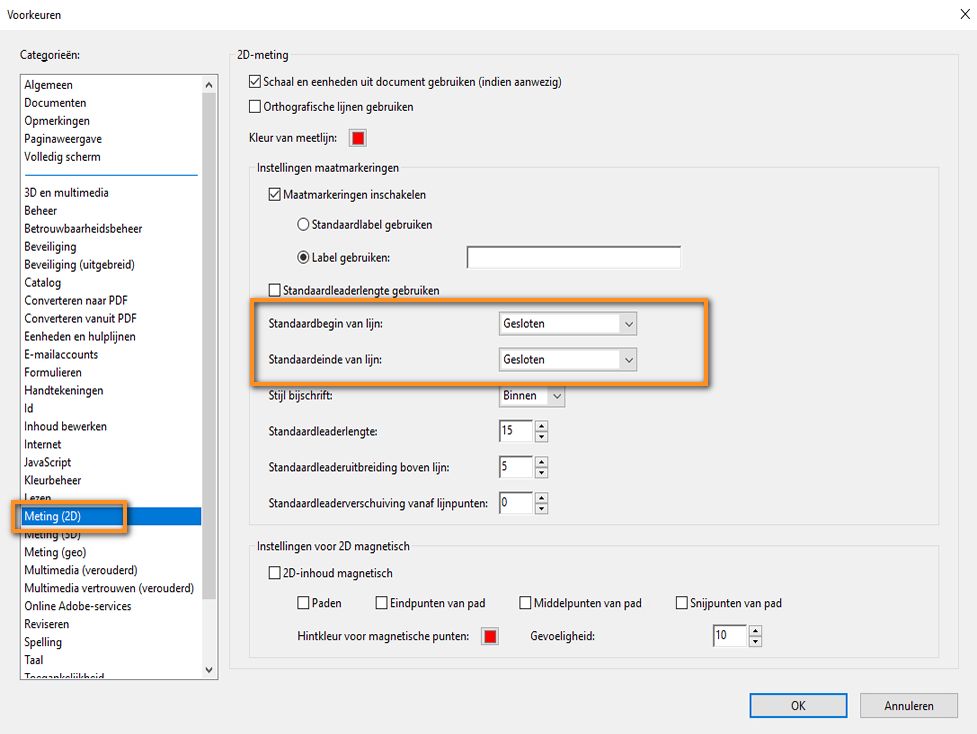 Acrobat-voorkeur voor standaarduiteinde van lijn
