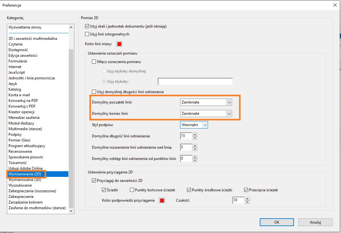 Preferencja programu Acrobat domyślnego końca linii