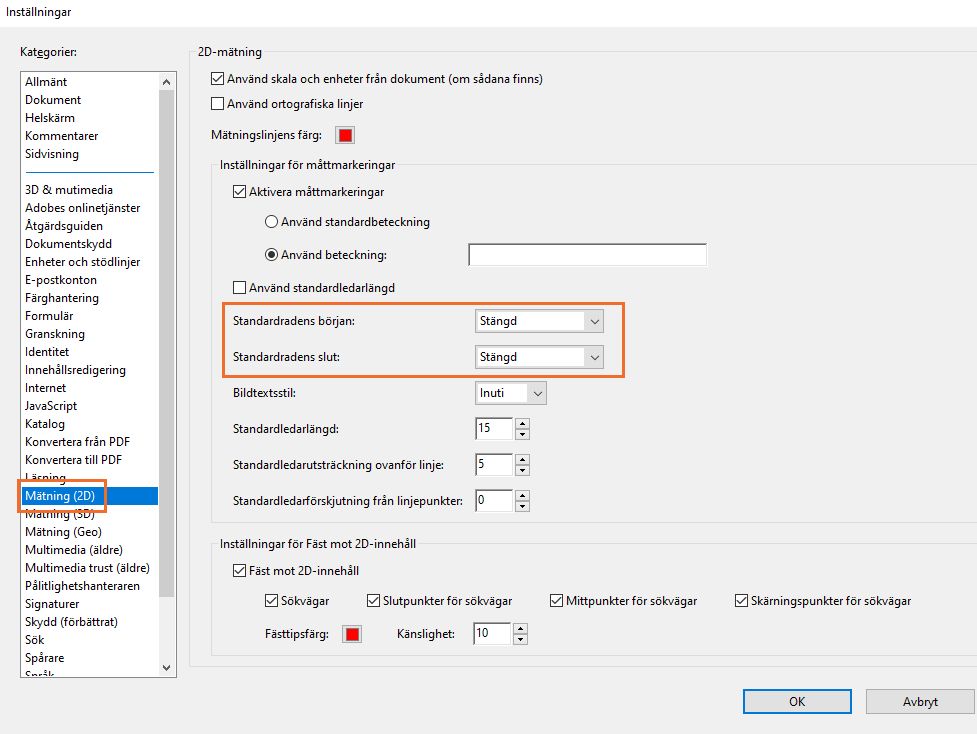 Acrobat-inställning för standardlinjeslut