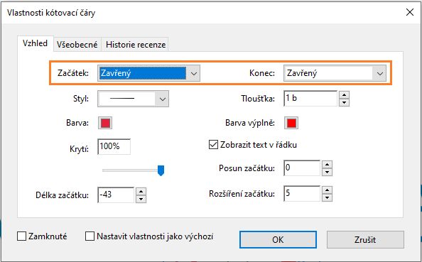 Vlastnosti kótovací čáry