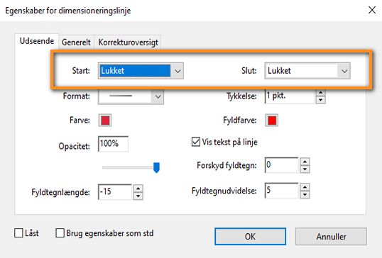 Egenskaber for dimensioneringslinje