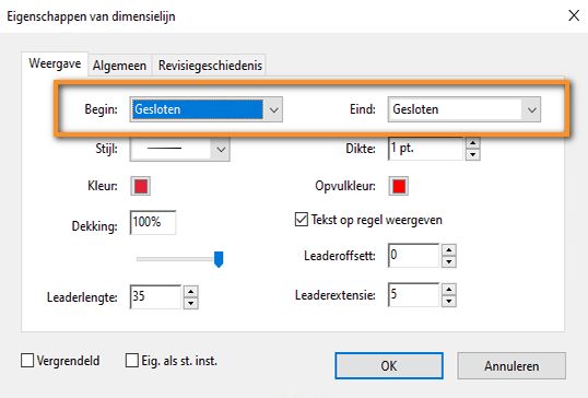 Eigenschappen van dimensielijn