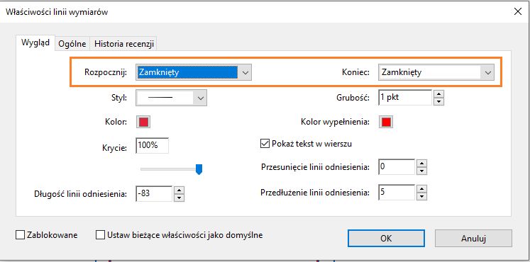 Właściwości linii wymiarów