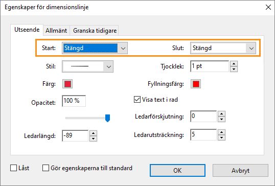 Egenskaper för dimensionslinje