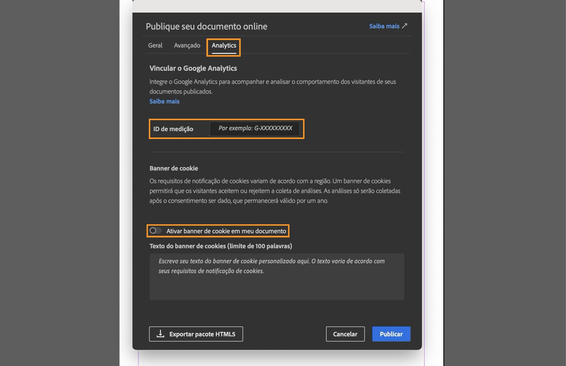 Captura de tela mostrando a guia Análise realçando o campo ID de medição, a caixa de seleção Ativar banner de cookie em meu documento e o campo para inserir a mensagem do banner de cookie.