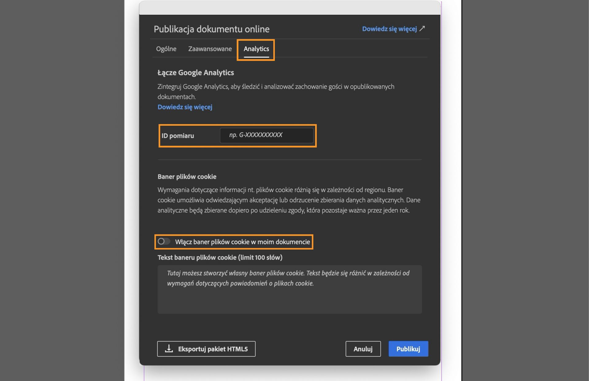 Zrzut ekranu przedstawiający kartę Analytics z podświetlonym polem Identyfikator pomiaru, polem wyboru Włącz baner plików cookie w moim dokumencie oraz polem do ustawienia komunikatu dla baneru plików cookie.