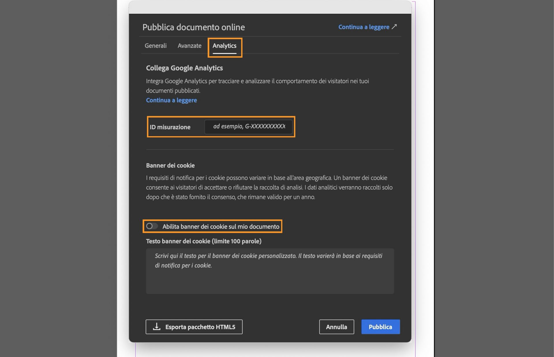 Schermata che mostra la scheda Analytics che evidenzia il campo ID misurazione, la casella di controllo Abilita banner dei cookie sul mio documento e il campo per inserire il messaggio per il banner dei cookie.