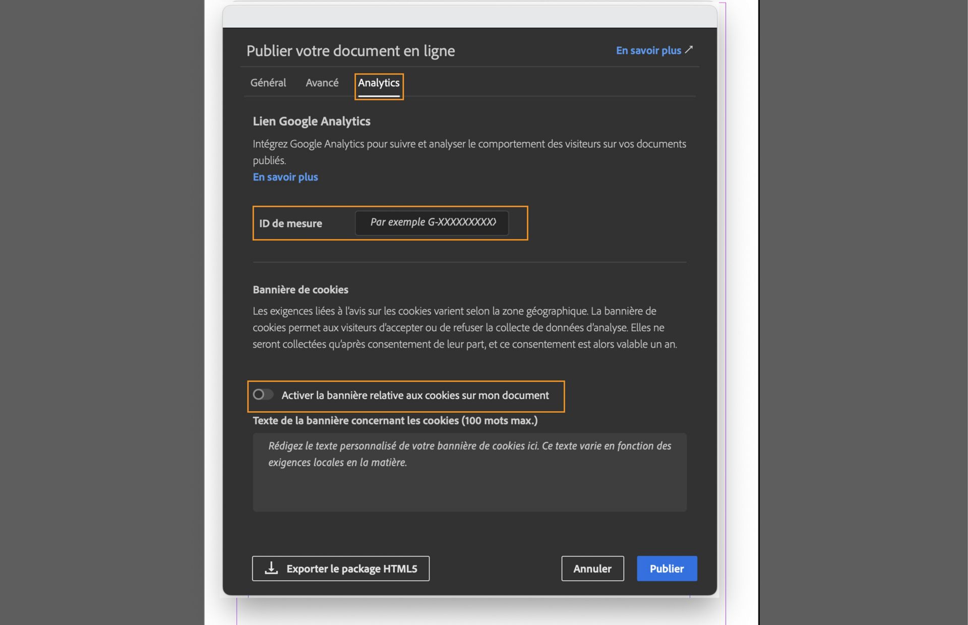 Une capture d’écran montrant l’onglet Analyse qui met en avant le champ ID de mesure, la case Activer la bannière relative aux cookies sur mon document et le champ permettant de saisir le message pour la bannière de cookie.