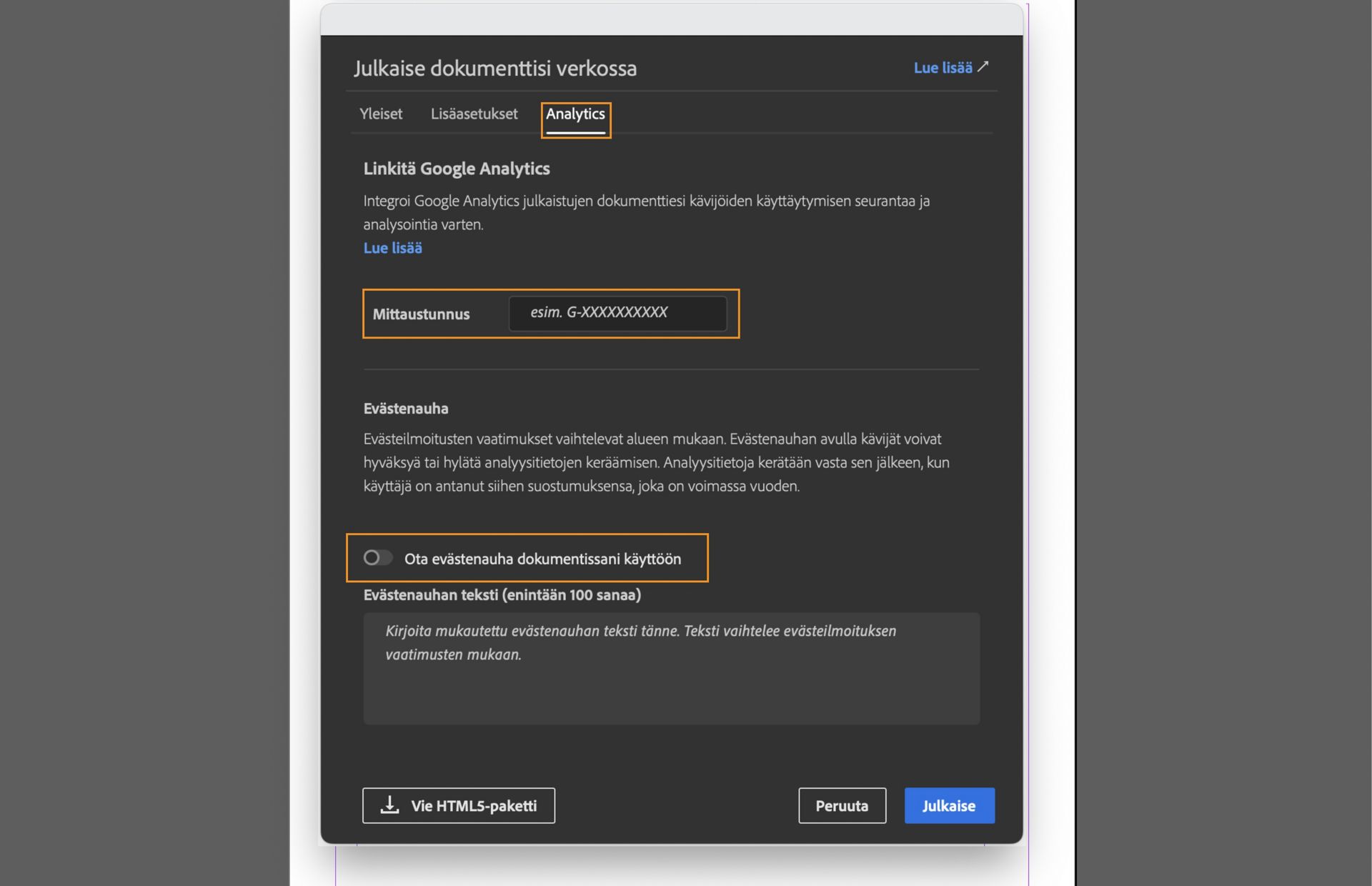 Näyttökuva, jossa näkyy Analytics-välilehti ja korostettuna Mittaustunnus-kenttä, Ota evästenauha dokumentissani käyttöön -valintaruutu ja kenttä, johon syötetään evästenauhan viesti.