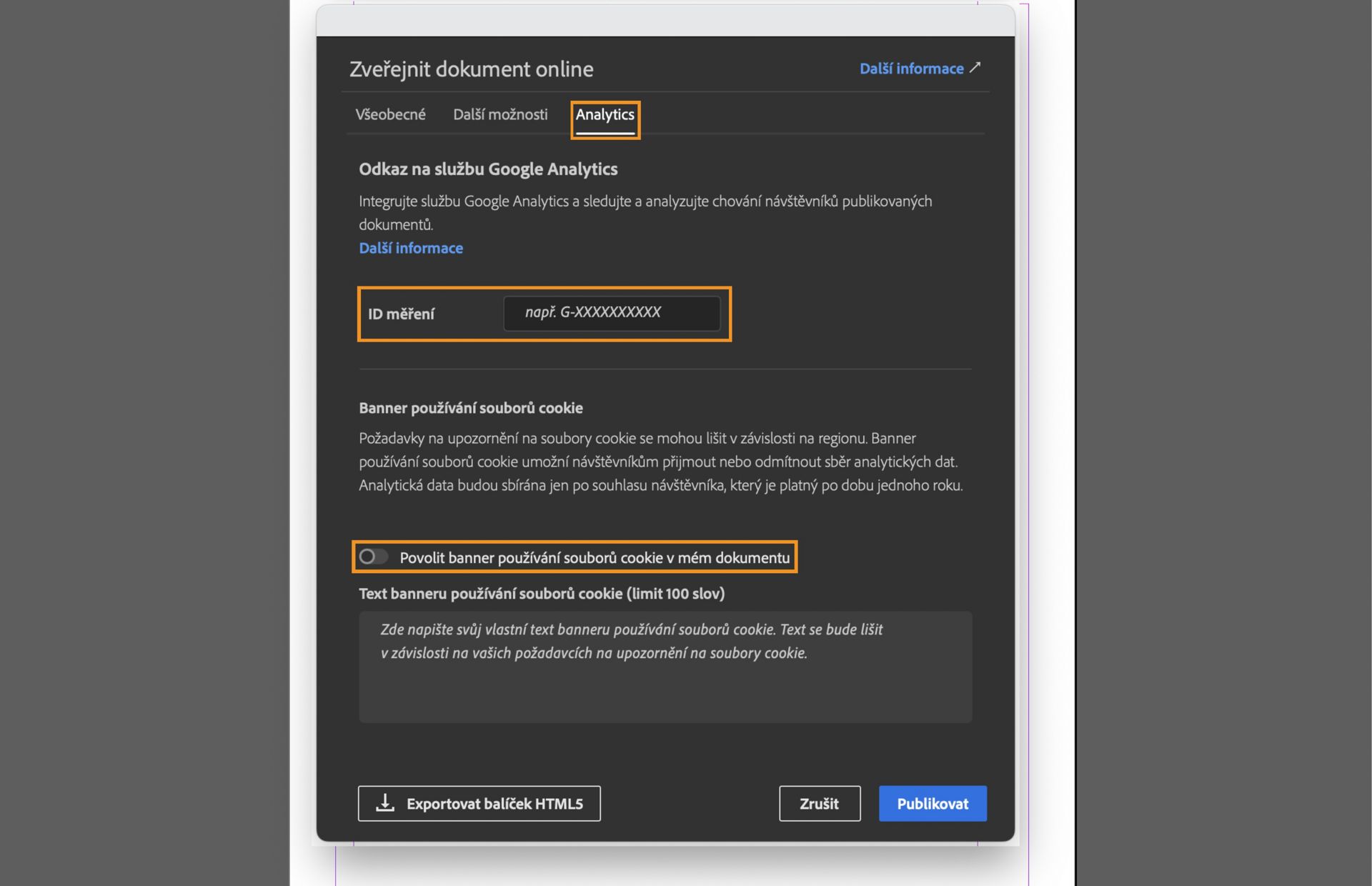 Snímek obrazovky zobrazující kartu Analytics se zvýrazněným polem ID měření, zaškrtávacím políčkem Povolit banner používání souborů cookie v mém dokumentu a polem pro zadání zprávy pro banner používání souborů cookie.