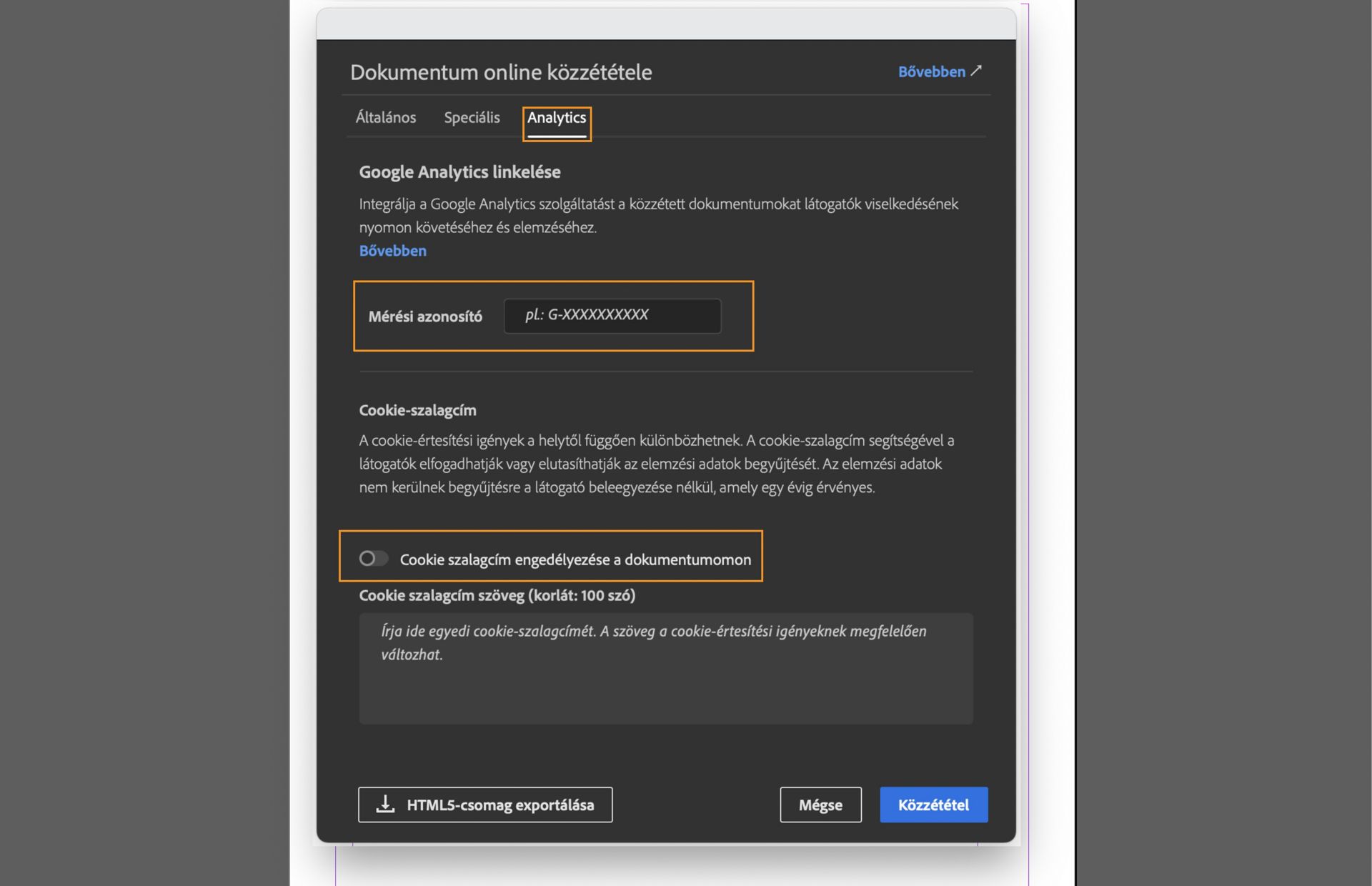 Az Elemzések lapot megjelenítő képernyő, amely kiemeli a Mérési azonosító mezőt, a Cookie szalagcím engedélyezése a dokumentumomon jelölőnégyzetet, valamint a mezőt a Cookie szalagcím üzenetének megadásához.
