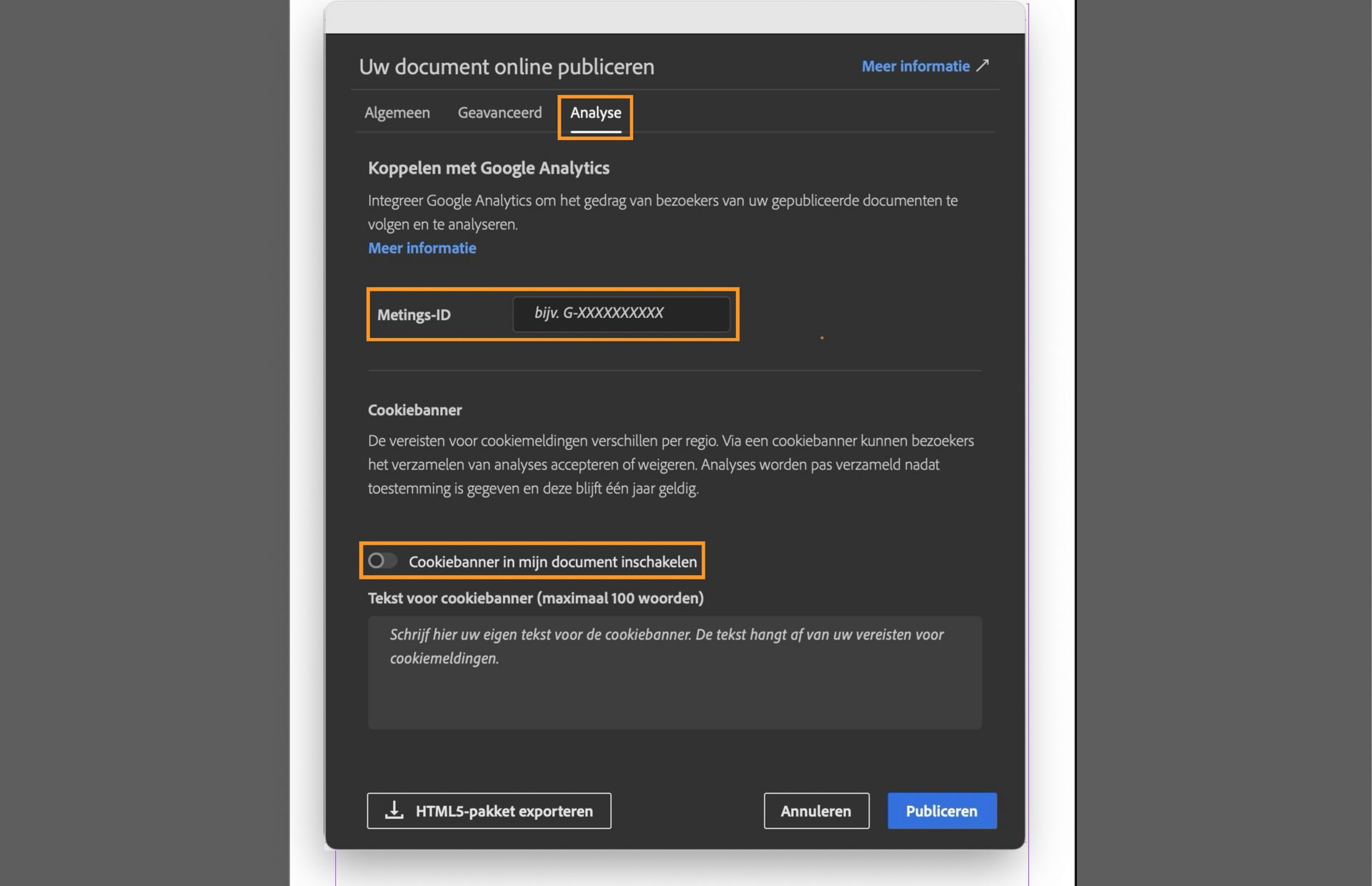 Schermafbeelding van het tabblad Analyse waarbij het veld Metings-ID, het selectievakje Cookiebanner inschakelen in mijn document en het veld waarin u het bericht voor de cookiebanner kunt invoeren zijn gemarkeerd.