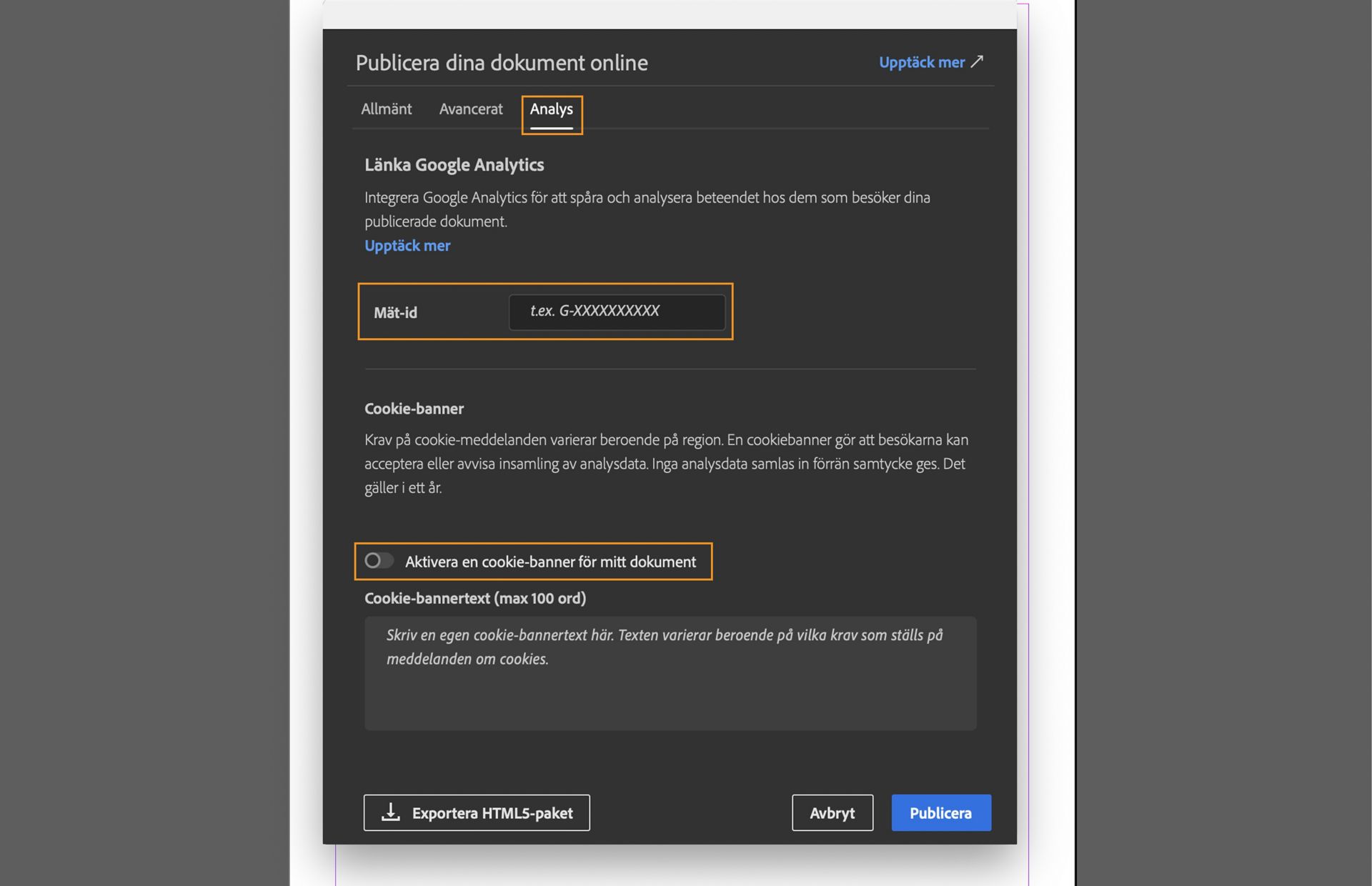 Skärmdump som visar fliken Analys med fältet Mätnings-id, kryssrutan Aktivera en cookie-banner för mitt dokument och fältet för att ange meddelandet för cookie-bannern.