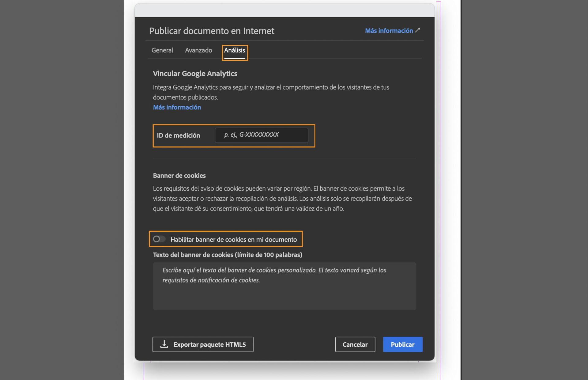 Captura de pantalla que muestra la pestaña Analytics resaltando el campo ID de medición, la casilla de verificación Habilitar banner de cookies en mi documento y el campo para introducir el mensaje para el banner de cookies.