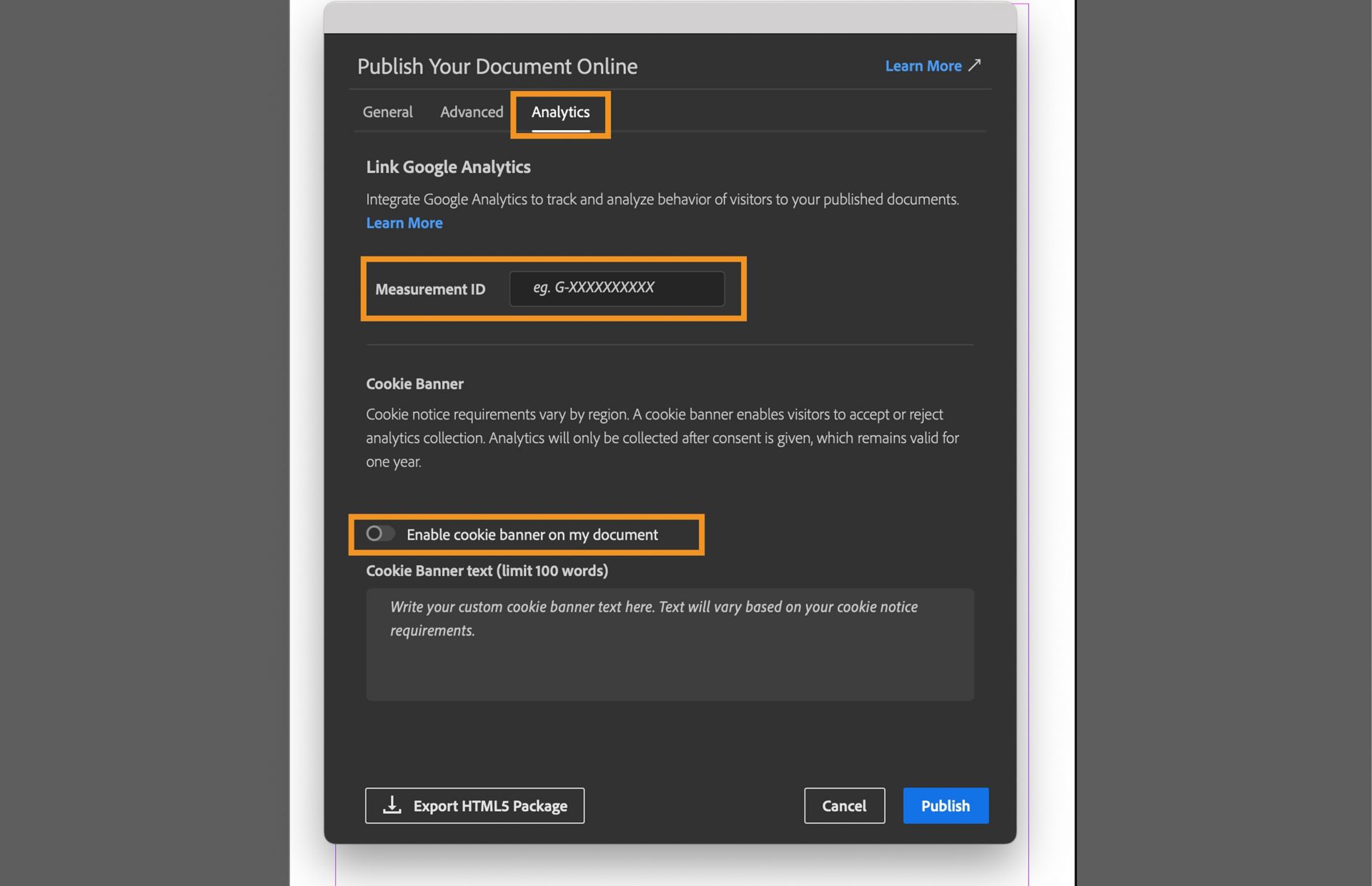צילום מסך שמציג את כרטיסיית Analytics שמדגישה את השדה Measurement ID, תיבת הסימון Enable cookie banner on my document, ואת השדה להזנת ההודעה עבור באנר קובץ ה-Cookie.