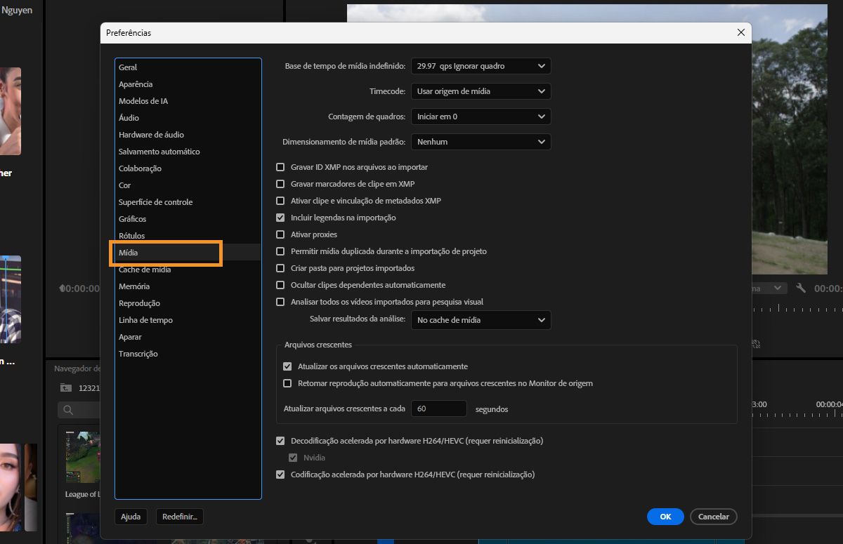 A caixa de diálogo Preferências aberta, a opção Mídia realçada e o painel Mídia com opções para personalizar as configurações de mídia.