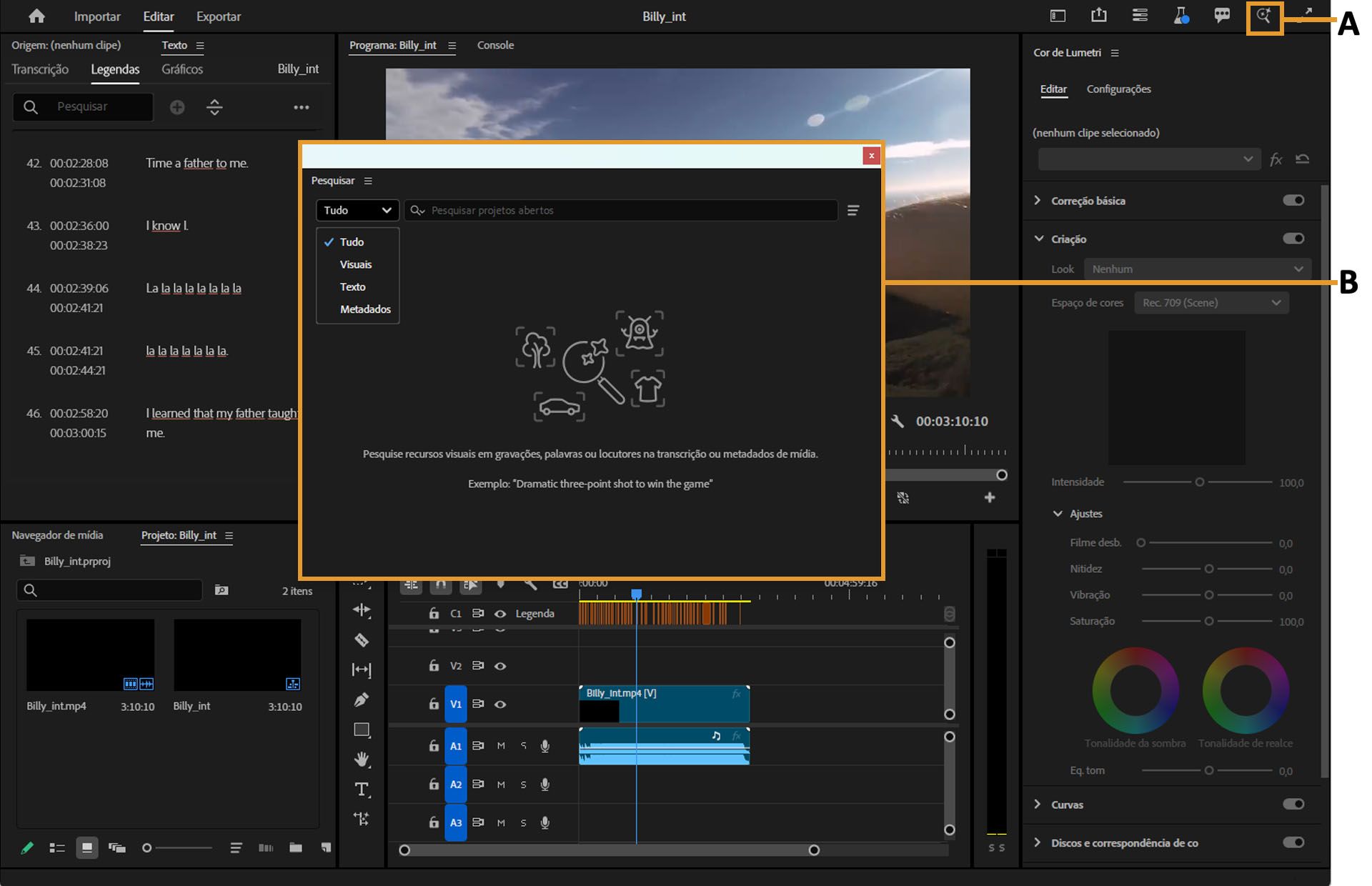 A interface mostra a lupa no canto superior direito da janela principal do Premiere Pro, que abre a janela de pesquisa com um campo de pesquisa.