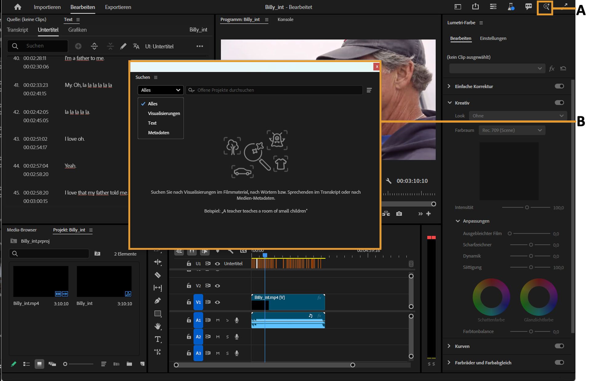 In der Benutzeroberfläche ist oben rechts im Hauptfenster von Premiere Pro ein Lupensymbol zu sehen, über das das Suchfenster mit einem Suchfeld geöffnet wird.