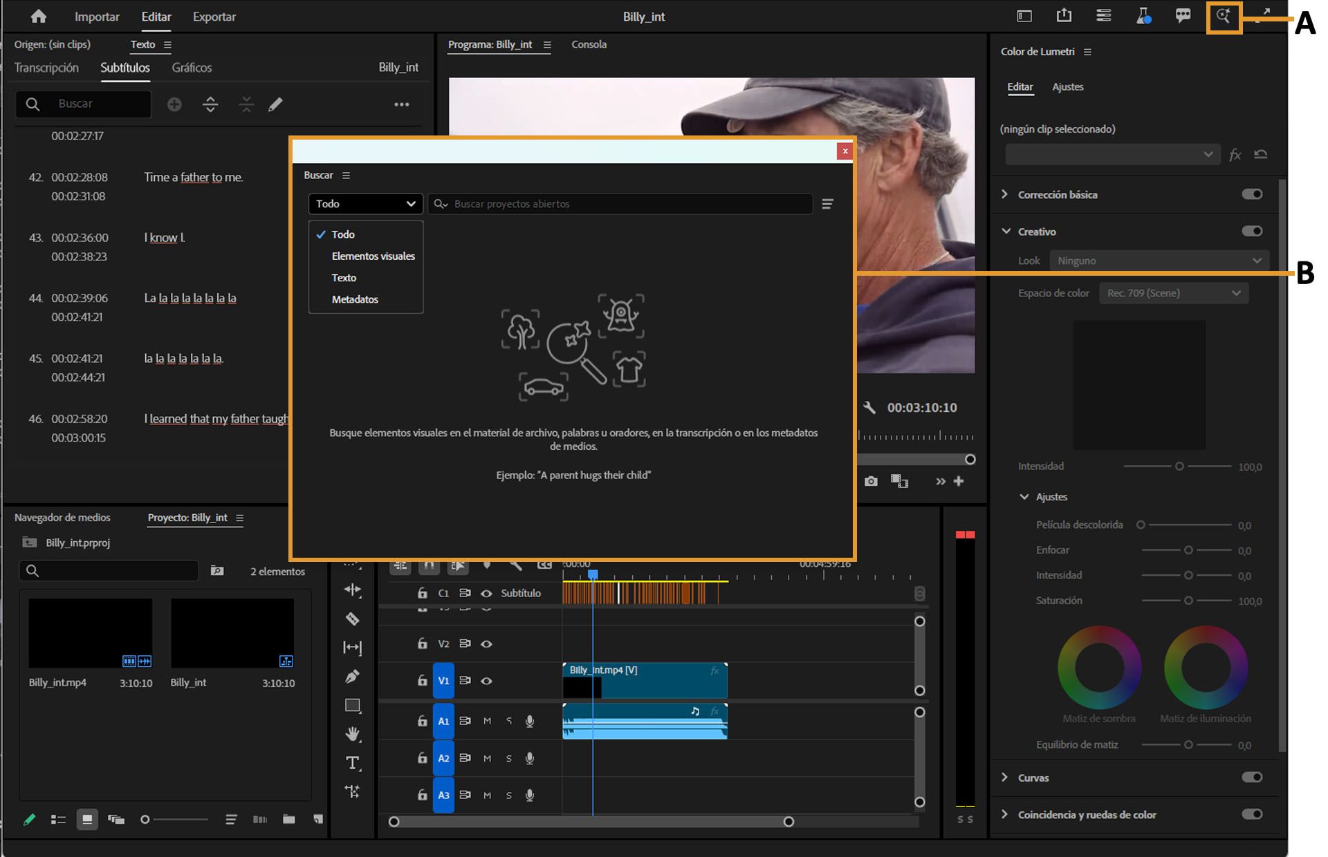 La interfaz de usuario muestra la lupa en la esquina superior derecha de la ventana principal de Premiere Pro que abre la ventana de búsqueda con un campo de búsqueda.