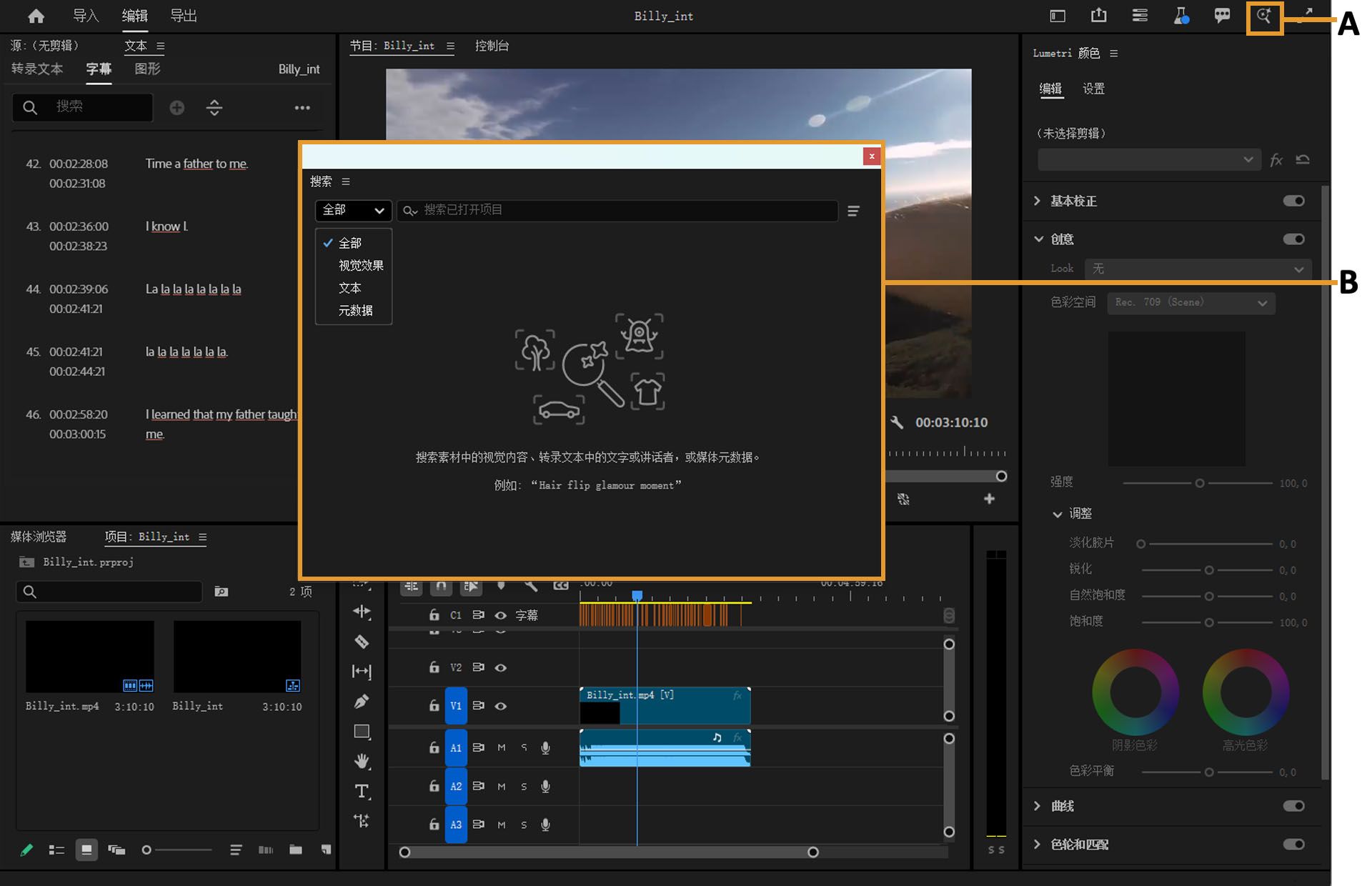 UI 显示 Premiere Pro 主窗口右上角的放大镜图标，该图标可打开包含搜索字段的搜索窗口。