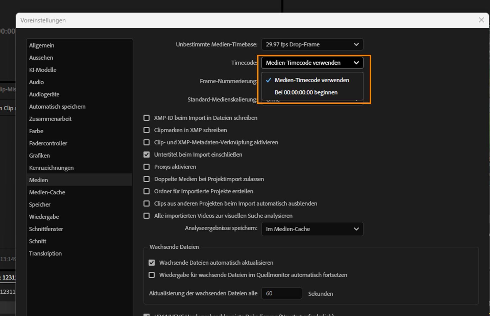 Das Dialogfeld „Voreinstellungen“ ist geöffnet und im Bedienfeld „Medien“ ist im Feld „Timecode“ die Option „Medien-Timecode verwenden“ ausgewählt.