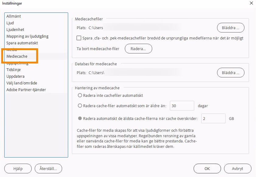 Inställningar för mediecache