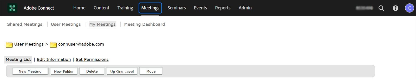Create a new meeting in a folder by going to the Meetings tab in Adobe Connect Central