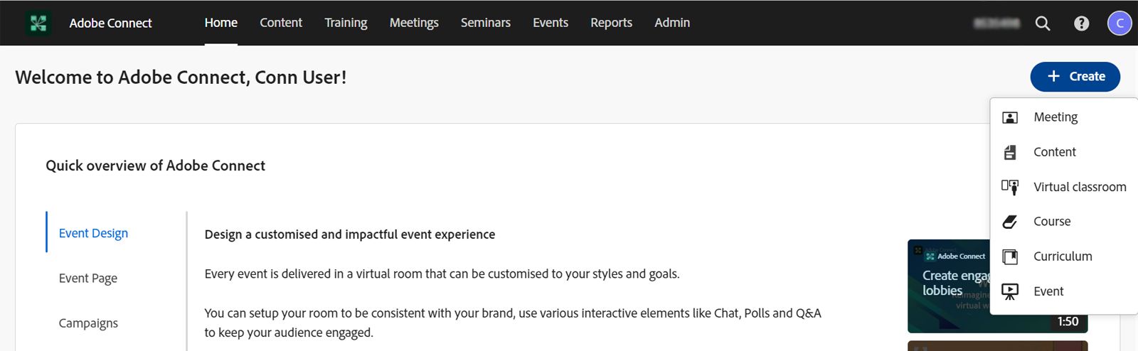 Create a new meeting from the Adobe Connect Central home page