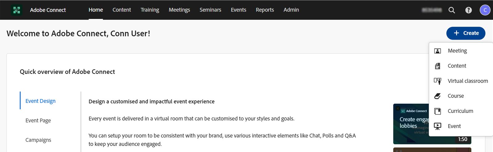 Crear una reunión en la página principal de Adobe Connect Central
