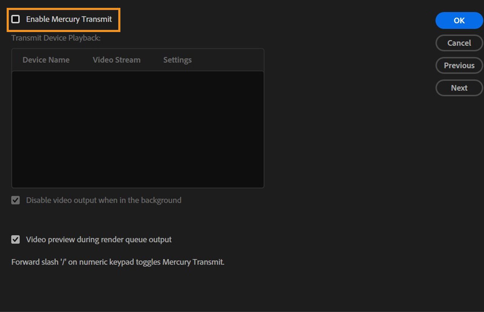 La finestra di dialogo Preferenze è aperta e Anteprima video è evidenziata. Deseleziona la casella di controllo Abilita Mercury Transmit per migliorare le prestazioni. 