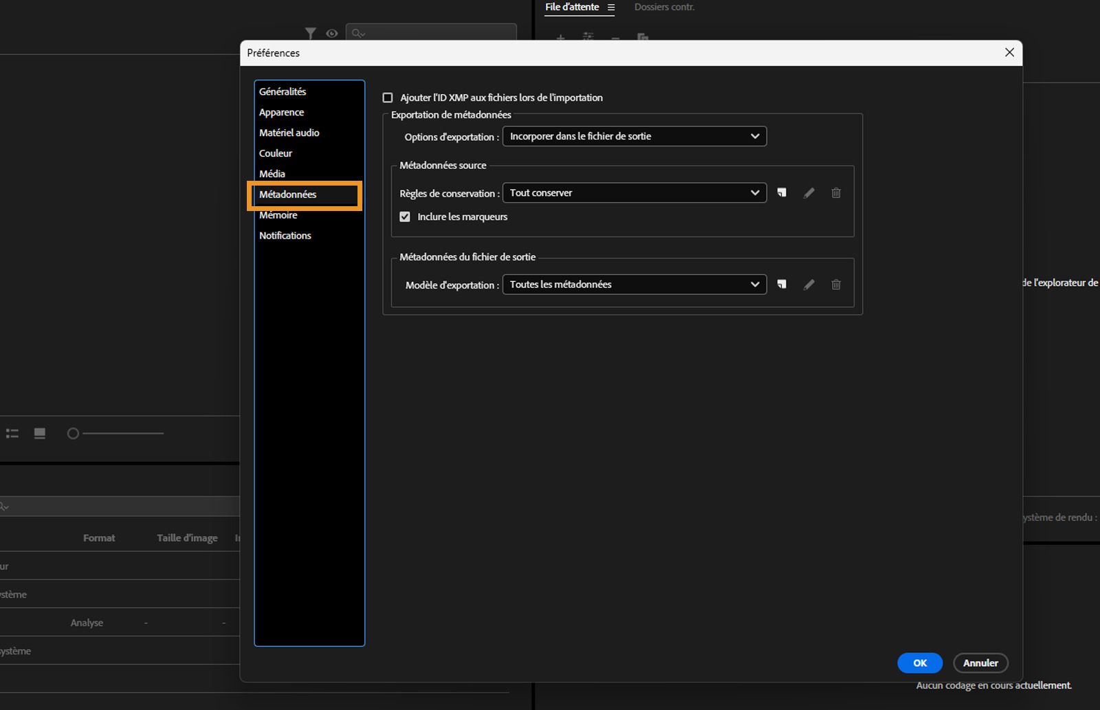 La boîte de dialogue Préférences s’ouvre, l’onglet Métadonnées est sélectionné et les champs et options de l’onglet Métadonnées s’affichent.