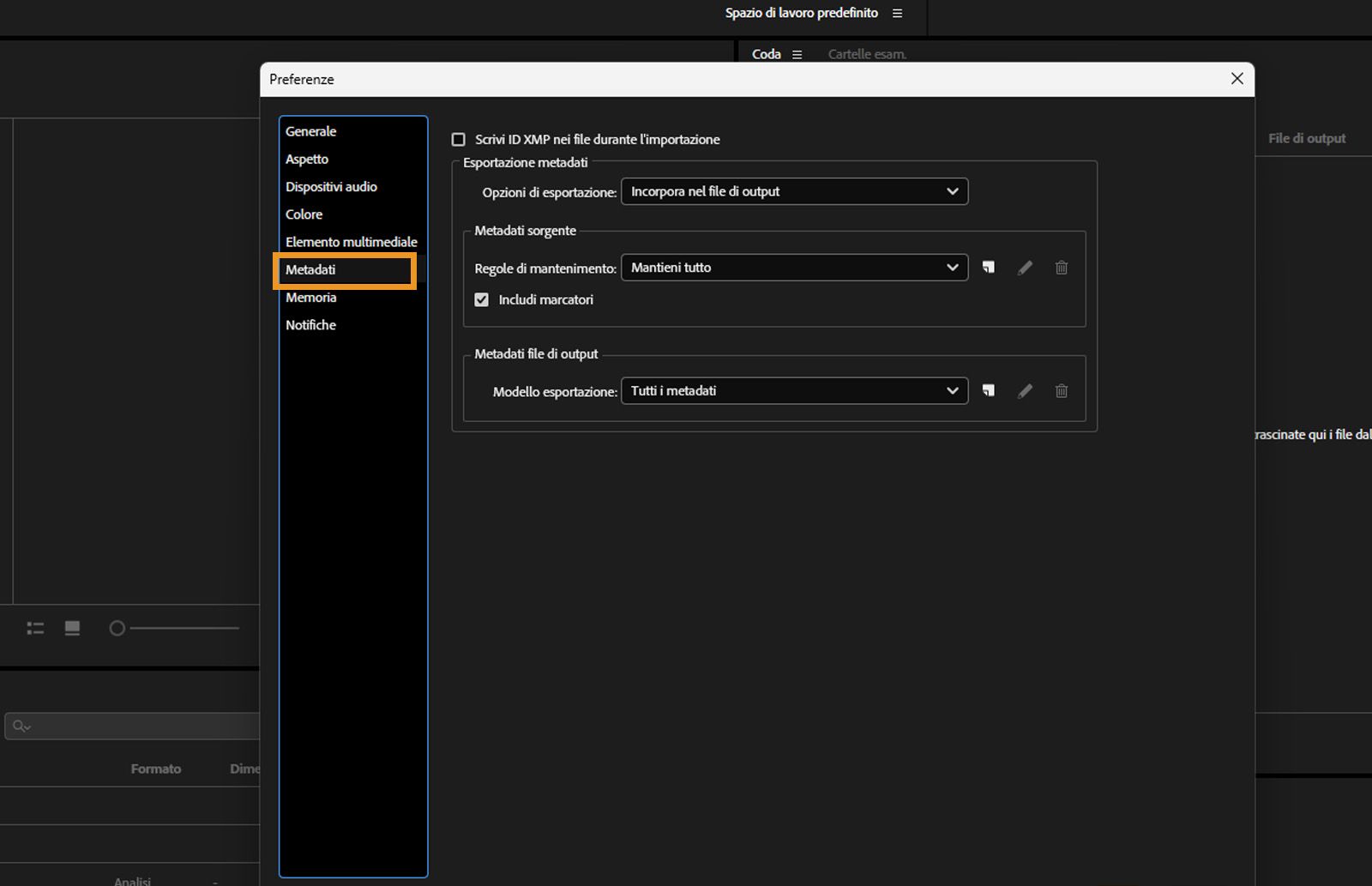 La finestra di dialogo Preferenze è aperta, la scheda Metadati è selezionata e vengono visualizzati i campi e le opzioni nella scheda Metadati.