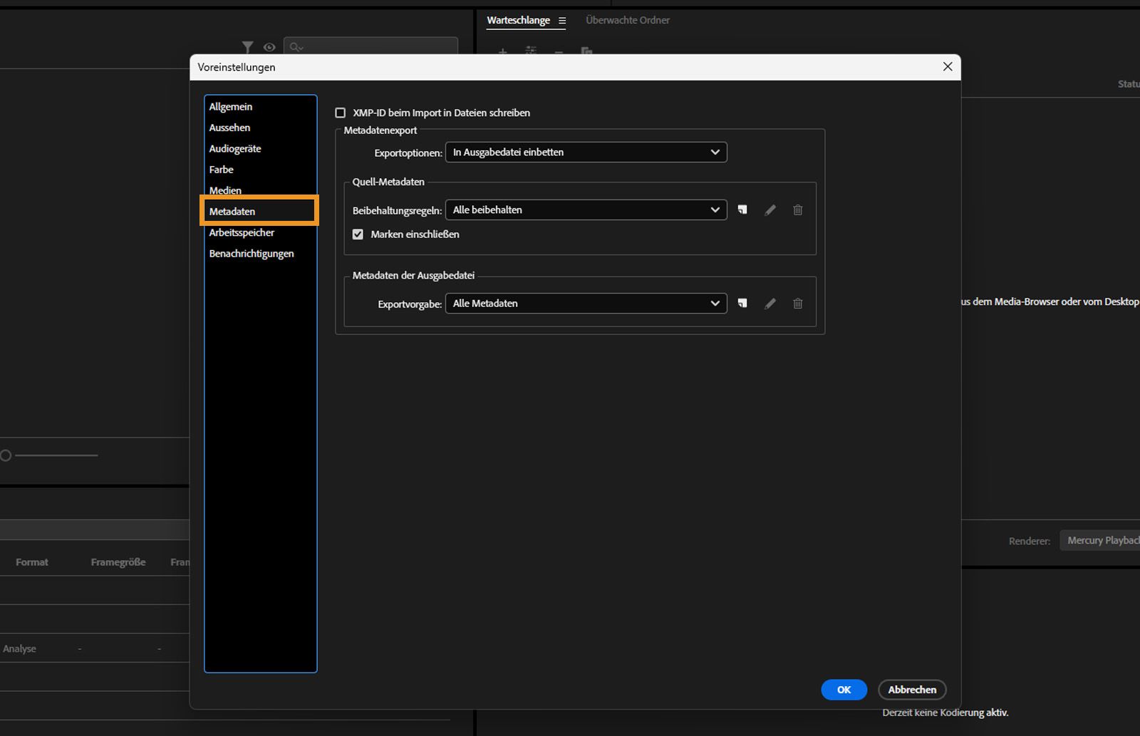 Das Dialogfeld „Voreinstellungen“ wird geöffnet, die Registerkarte „Metadaten“ ist ausgewählt und die Felder und Optionen auf der Registerkarte „Metadaten“ werden angezeigt. 