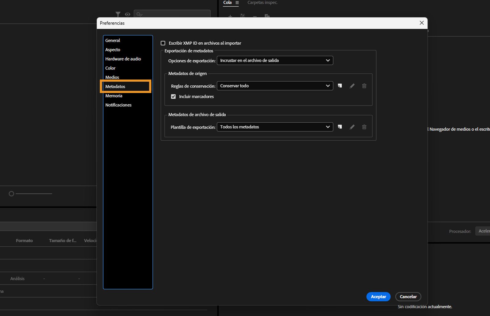 El cuadro de diálogo Preferencias está abierto, se ha seleccionado la pestaña Metadatos y se muestran los campos y opciones de la pestaña Metadatos.