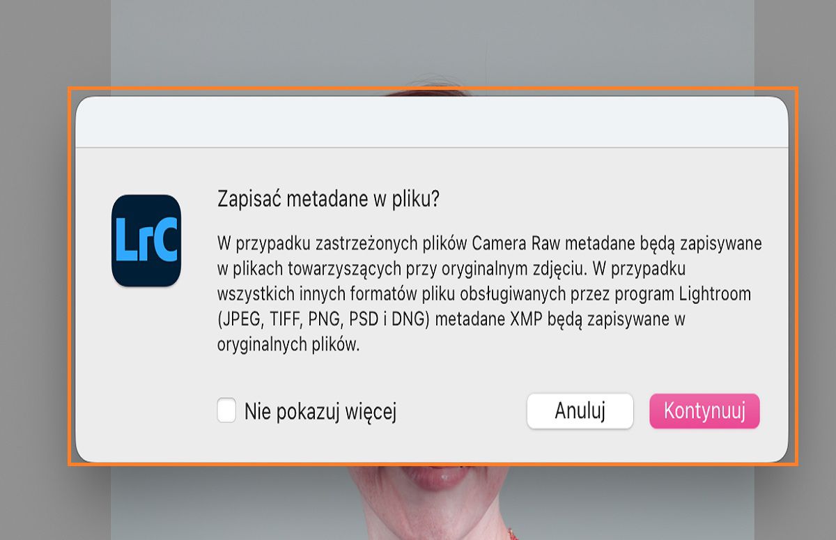 okno dialogowe zapisywania metadanych w Lightroom Classic
