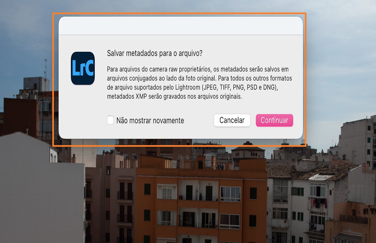 Caixa de diálogo Salvar metadados no Lightroom Classic
