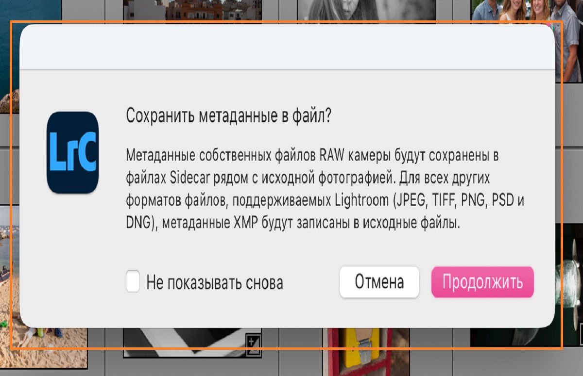 диалоговое окно сохранения метаданных в Lightroom Classic