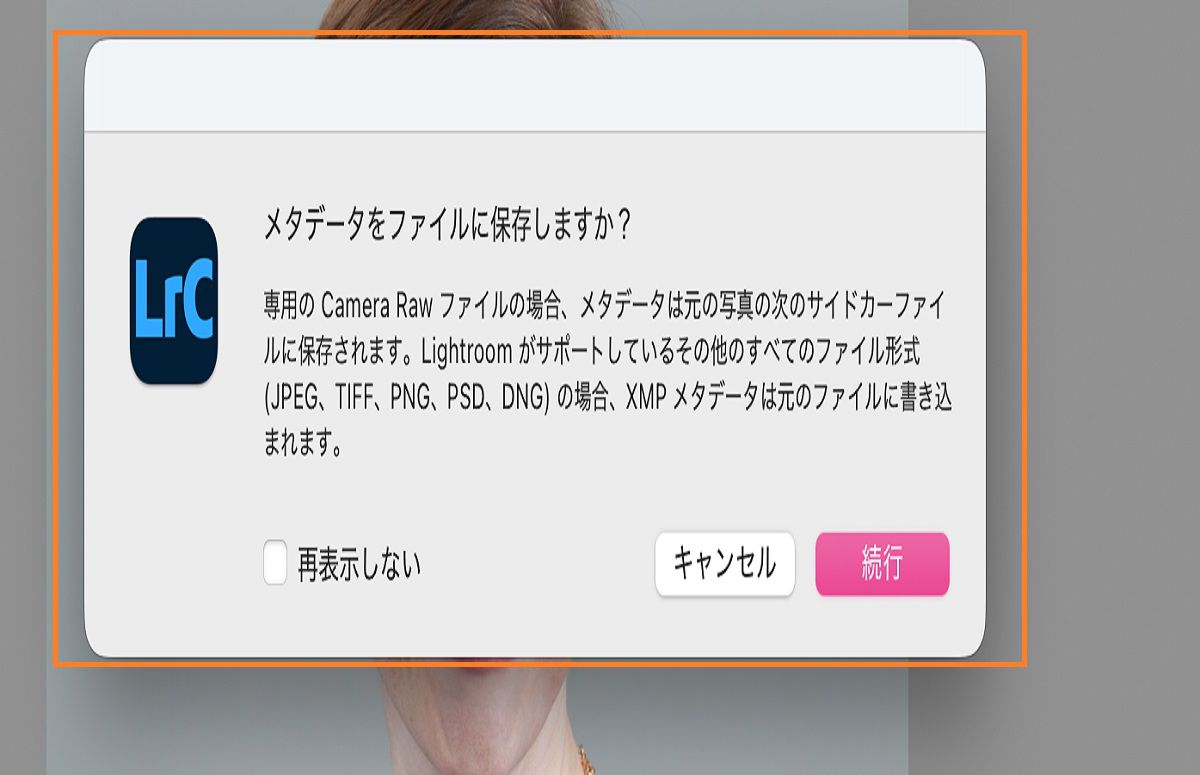Lightroom Classic のメタデータ保存ダイアログボックス
